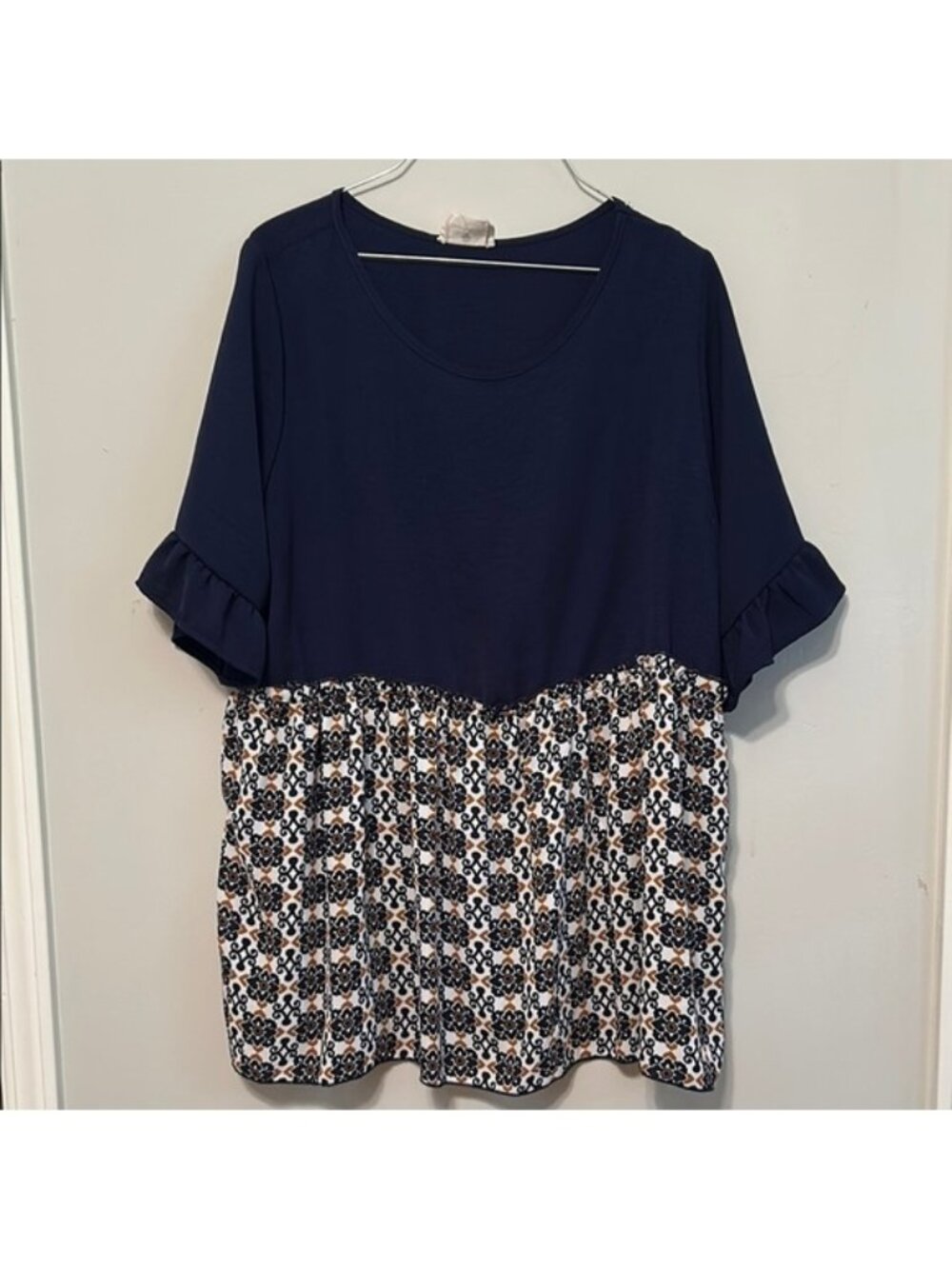 Betsey’s Boutique Shop Blue and Cream Ruffled Boxy Blouse